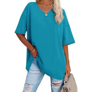 imageATHMILE Womens Oversized Shirts V Neck Plus Size Spring Workout Summer Tops Beach Vacation 2026 Gym Clothes Basic TeeLake Blue