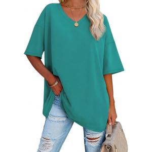 imageATHMILE Womens Oversized Shirts V Neck Plus Size Spring Workout Summer Tops Beach Vacation 2026 Gym Clothes Basic TeeLake Green