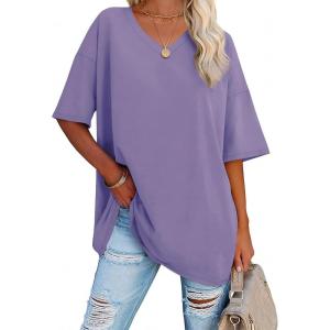 imageATHMILE Womens Oversized Shirts V Neck Plus Size Spring Workout Summer Tops Beach Vacation 2026 Gym Clothes Basic TeeLavender