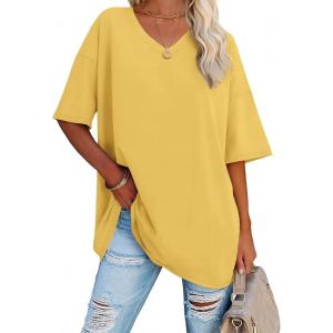 imageATHMILE Womens Oversized Shirts V Neck Plus Size Spring Workout Summer Tops Beach Vacation 2026 Gym Clothes Basic TeeLemon Yellow