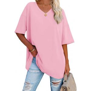 imageATHMILE Womens Oversized Shirts V Neck Plus Size Spring Workout Summer Tops Beach Vacation 2026 Gym Clothes Basic TeePink