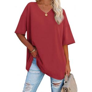imageATHMILE Womens Oversized Shirts V Neck Plus Size Spring Workout Summer Tops Beach Vacation 2026 Gym Clothes Basic TeeRed