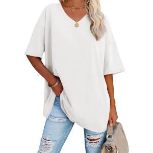 imageATHMILE Womens Oversized Shirts V Neck Plus Size Spring Workout Summer Tops Beach Vacation 2026 Gym Clothes Basic TeeWhite