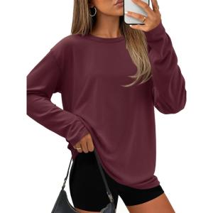 imageATHMILE Womens Oversized T Shirts Loose Fit Crewneck Short Sleeve Tops Summer Casual Blouse Y2K 2025 Basic Tee BeachZburgundy