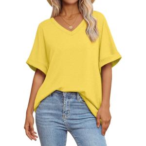 imageATHMILE Womens Oversized T Shirts Loose Fit V Neck Short Sleeve Summer Casual Blouse 2025 Y2K Tee TopsLemon Yellow