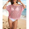 imageATHMILE Womens Short Sleeve Sweaters Scoop Neck Summer Beach Cover up Casual Crochet Hollow Out Knit Tops Pullover ShirtsPink