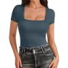 imageATHMILE Modal Short Sleeve Shirts for Women 2025 Fashion Square Neck Basics Slim Fitted TopsHaze Blue