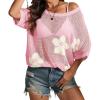 imageATHMILE Womens Floral Spring Tops Summer Fashion Shirts Short Sleeve Beach Vacation Crochet Knit Sweater Lightweight PulloverPink