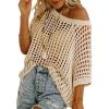 imageATHMILE Womens Short Sleeve Sweaters Scoop Neck Summer Beach Cover up Casual Crochet Hollow Out Knit Tops Pullover ShirtsApricot