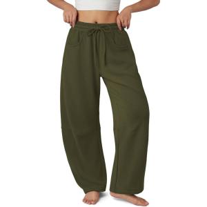 imageATHMILE Barrel Sweatpants Women Fall Fashion Wide Leg Pants 2025 Baggy Lounge Comfy Flowy Sweat Pants with PocketsArmy Green