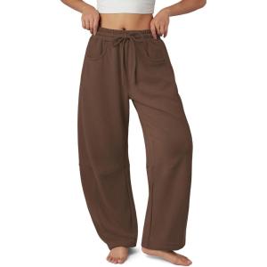 imageATHMILE Barrel Sweatpants Women Fall Fashion Wide Leg Pants 2025 Baggy Lounge Comfy Flowy Sweat Pants with PocketsCoffee