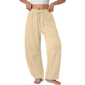 imageATHMILE Barrel Sweatpants Women Fall Fashion Wide Leg Pants 2025 Baggy Lounge Comfy Flowy Sweat Pants with PocketsLight Khaki