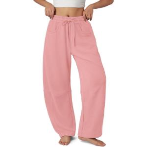 imageATHMILE Barrel Sweatpants Women Fall Fashion Wide Leg Pants 2025 Baggy Lounge Comfy Flowy Sweat Pants with PocketsPink