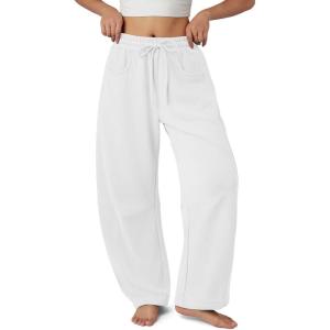 imageATHMILE Barrel Sweatpants Women Fall Fashion Wide Leg Pants 2025 Baggy Lounge Comfy Flowy Sweat Pants with PocketsWhite