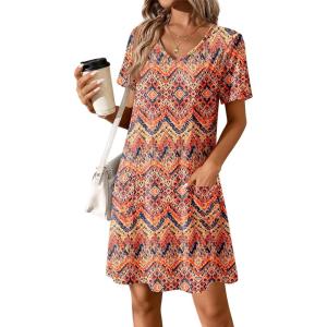 imageATHMILE Dresses for Women 2025 V Neck Short Sleeve Casual T Shirt Dress Sundresses Swimsuit Coverup with PocketsBoho Floral