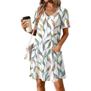 imageATHMILE Dresses for Women 2025 V Neck Short Sleeve Casual T Shirt Dress Sundresses Swimsuit Coverup with PocketsFloral
