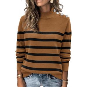 imageATHMILE Fall Mock Neck Striped Sweaters for Women 2025 Winter Turtleneck Long Sleeve Knit Sweater Fashion Pullover TopsKhaki