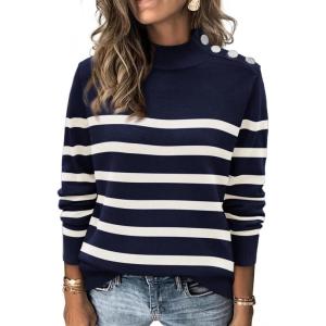 imageATHMILE Fall Mock Neck Striped Sweaters for Women 2025 Winter Turtleneck Long Sleeve Knit Sweater Fashion Pullover TopsNavy