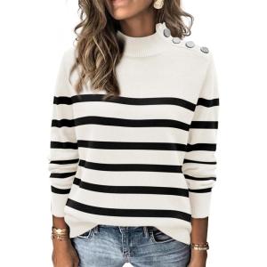 imageATHMILE Fall Mock Neck Striped Sweaters for Women 2025 Winter Turtleneck Long Sleeve Knit Sweater Fashion Pullover TopsWhite