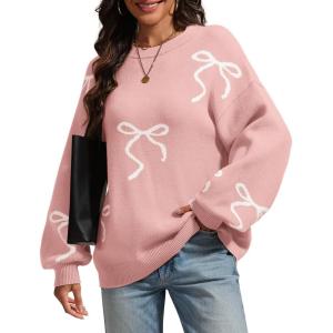 imageATHMILE Fall Sweaters for Women 2025 Fashion Cute Bow Knit Pullover Trendy Long Sleeve Oversized Sweater Winter ClothingPink