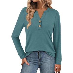 imageATHMILE Long Sleeve Shirts for Women 2025 Fall Outfits Henley Dressy Casual Tops Trendy Blouses Cute TShirts Fashion ClothesBlue Green