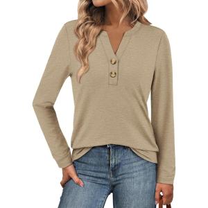 imageATHMILE Long Sleeve Shirts for Women 2025 Fall Outfits Henley Dressy Casual Tops Trendy Blouses Cute TShirts Fashion ClothesKhaki