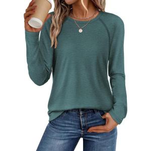 imageATHMILE Long Sleeve Shirts for Women Fall Outfit 2025 Fashion Casual T Shirt Round Neck Basic Loose Tunic TopsPeacock Green