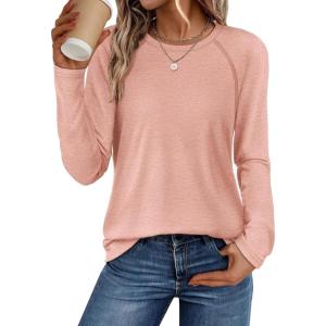 imageATHMILE Long Sleeve Shirts for Women Fall Outfit 2025 Fashion Casual T Shirt Round Neck Basic Loose Tunic TopsPink