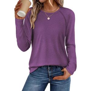 imageATHMILE Long Sleeve Shirts for Women Fall Outfit 2025 Fashion Casual T Shirt Round Neck Basic Loose Tunic TopsPurple