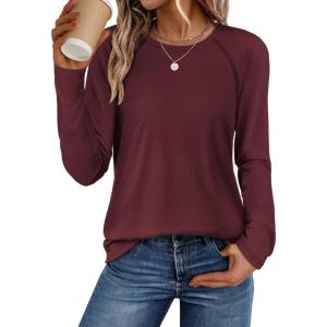 imageATHMILE Long Sleeve Shirts for Women Fall Outfit 2025 Fashion Casual T Shirt Round Neck Basic Loose Tunic TopsWine Red