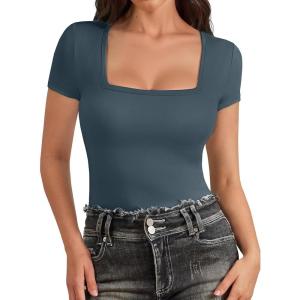 imageATHMILE Modal Short Sleeve Shirts for Women 2025 Fashion Square Neck Basics Slim Fitted TopsHaze Blue
