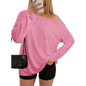 imageATHMILE Off The Shoulder Tops for Women 2025 Fall Long Sleeve Oversized Tshirts Fashion Going Out Outfits Casual Basic TeesPink