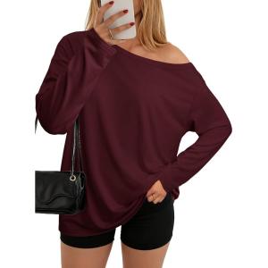 imageATHMILE Off The Shoulder Tops for Women 2025 Fall Long Sleeve Oversized Tshirts Fashion Going Out Outfits Casual Basic TeesWine Red