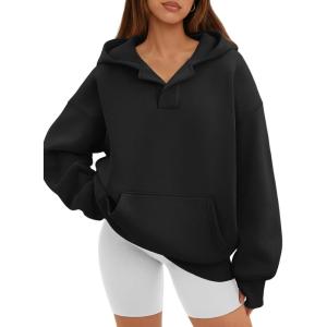 imageATHMILE Oversized Hoodies for Women Fashion V Neck Pullover Sweatshirts with Thumb Hole Y2k Clothes Fall Outfits 2025Black