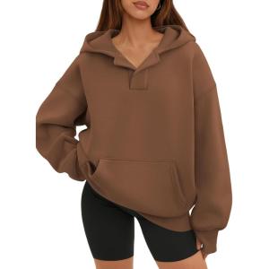 imageATHMILE Oversized Hoodies for Women Fashion V Neck Pullover Sweatshirts with Thumb Hole Y2k Clothes Fall Outfits 2025Coffee