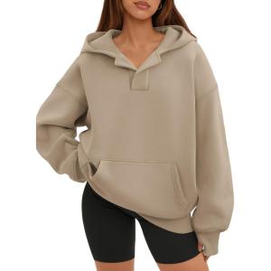 imageATHMILE Oversized Hoodies for Women Fashion V Neck Pullover Sweatshirts with Thumb Hole Y2k Clothes Fall Outfits 2025Coffeegrey