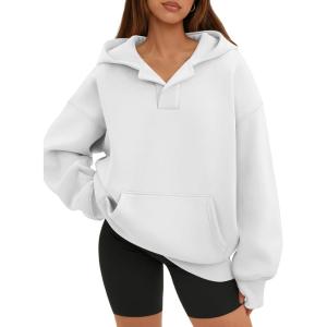imageATHMILE Oversized Hoodies for Women Fashion V Neck Pullover Sweatshirts with Thumb Hole Y2k Clothes Fall Outfits 2025White