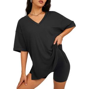 imageATHMILE Oversized Tshirts for Women Summer 2026 V Neck Casual Workout Plus Size Tops Spring Fashion Cute Basic Trendy OutfitsBlack