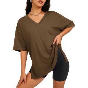 imageATHMILE Oversized Tshirts for Women Summer 2026 V Neck Casual Workout Plus Size Tops Spring Fashion Cute Basic Trendy OutfitsBrown