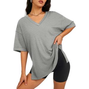 imageATHMILE Oversized Tshirts for Women Summer 2026 V Neck Casual Workout Plus Size Tops Spring Fashion Cute Basic Trendy OutfitsGrey