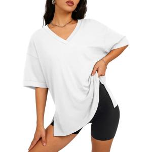 imageATHMILE Oversized Tshirts for Women Summer 2026 V Neck Casual Workout Plus Size Tops Spring Fashion Cute Basic Trendy OutfitsWhite