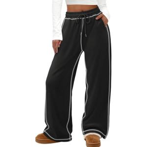 imageATHMILE Track Pants Women Sweatpants Wide Leg Straight Drawstring Teen Girl Fall Jogging Soft Lounge Athletic Pajama JoggersBlack