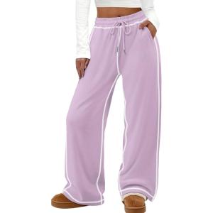 imageATHMILE Track Pants Women Sweatpants Wide Leg Straight Drawstring Teen Girl Fall Jogging Soft Lounge Athletic Pajama JoggersPurple