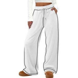 imageATHMILE Track Pants Women Sweatpants Wide Leg Straight Drawstring Teen Girl Fall Jogging Soft Lounge Athletic Pajama JoggersWhite