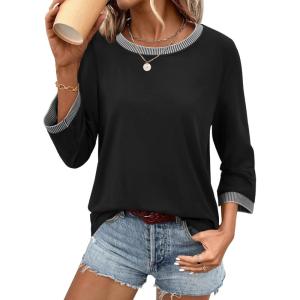 imageATHMILE Womens 34 Length Sleeve Tops Dressy Casual Striped Crew Neck Fall T Shirts Spring Blouse Summer TunicsBlack