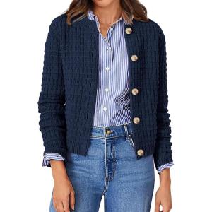 imageATHMILE Womens Cardigan Sweaters Casual Long Sleeve Button Down Crewneck Casual Knit Cropped Fall Winter Jackets ClothesDark Blue