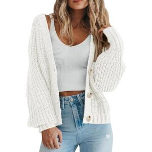 imageATHMILE Womens Chunky Cardigan Sweaters Long Sleeve Button Loose Short Outerwear Coats Open Front Fall ClothesCream White