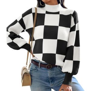 imageATHMILE Womens Fall Fashion Mock Neck Sweater Long Sleeve Plaid Ribbed Knit Loose Pullover Tops Trendy Office OutfitsBlackplaid
