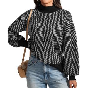 imageATHMILE Womens Fall Fashion Mock Neck Sweater Long Sleeve Plaid Ribbed Knit Loose Pullover Tops Trendy Office OutfitsDim