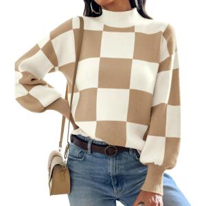 imageATHMILE Womens Fall Fashion Mock Neck Sweater Long Sleeve Plaid Ribbed Knit Loose Pullover Tops Trendy Office OutfitsKhakiplaid
